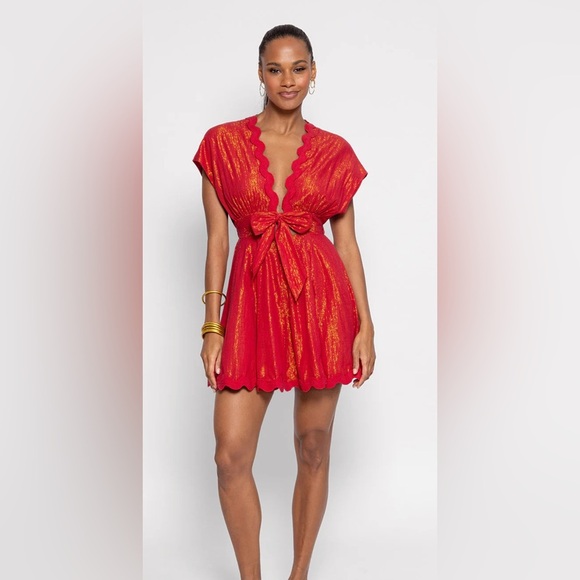 NWT Sundress NORA SHORT Red and Gold Scalloped Resort Dress - Picture 1 of 10